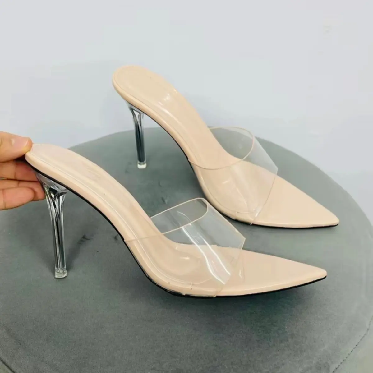 Giày cao gót mũi nhọn bảng mica quai trong gót cao 9p dành cho nàng đi chơi
