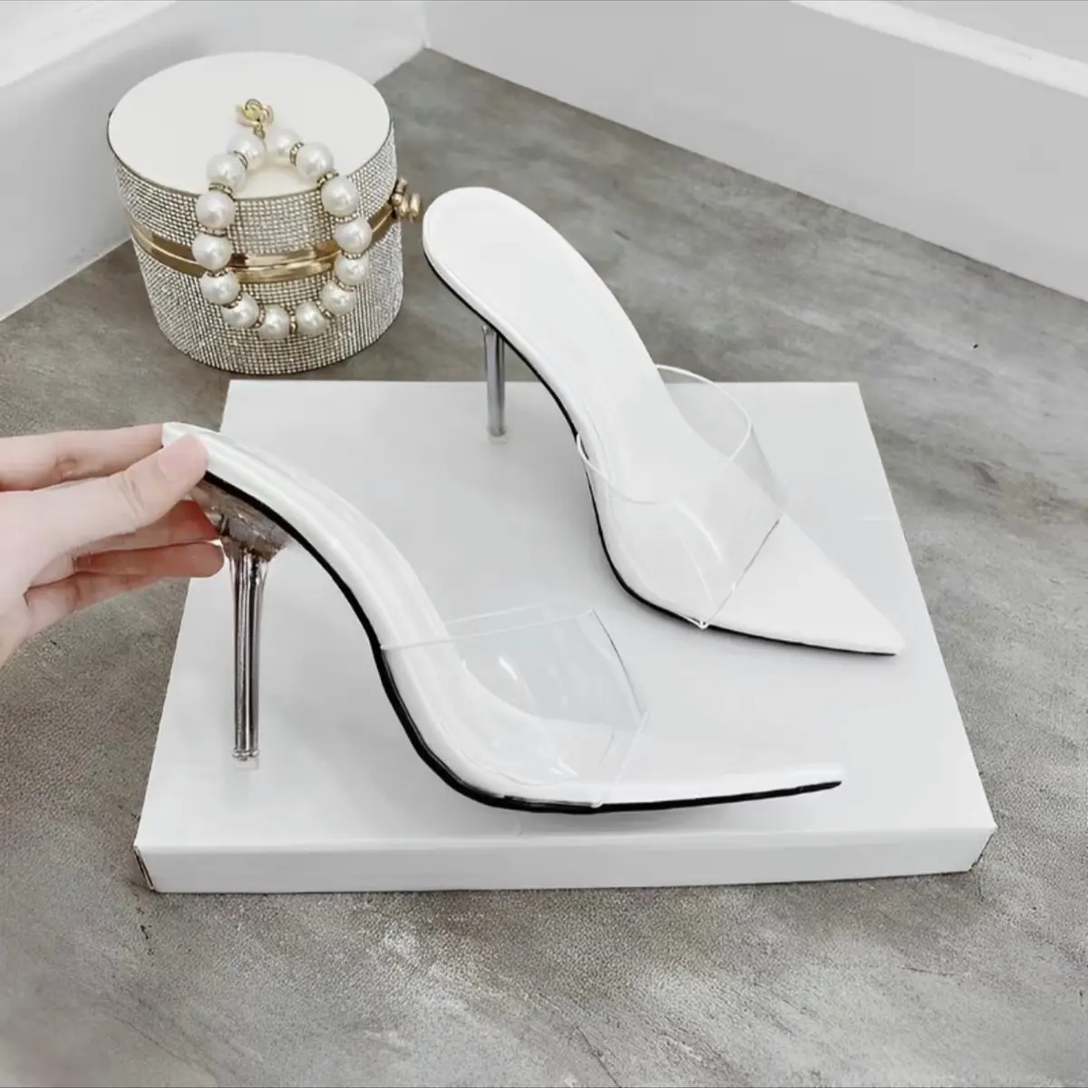 Giày cao gót mũi nhọn bảng mica quai trong gót cao 9p dành cho nàng đi chơi