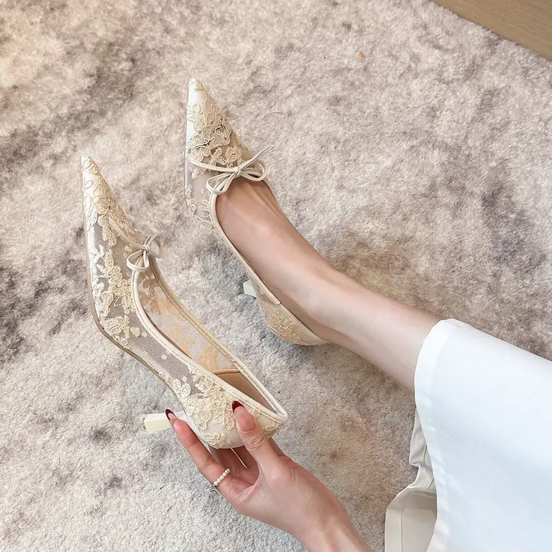 Giày cao gót mũi nhọn BALL LƯỚI HOA gót cao 7cm