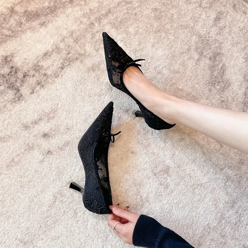 Giày cao gót mũi nhọn BALL LƯỚI HOA gót cao 7cm