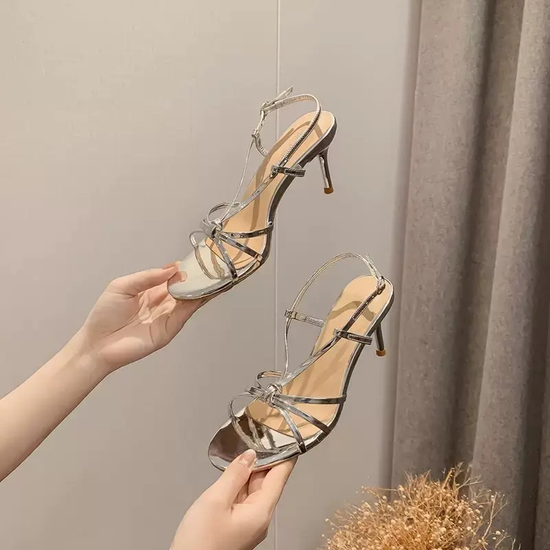Giày sandanl cao gót MŨI TRÒN DÂY ĐAN CHÉO chất da bóng gót cao 7cm 9cm