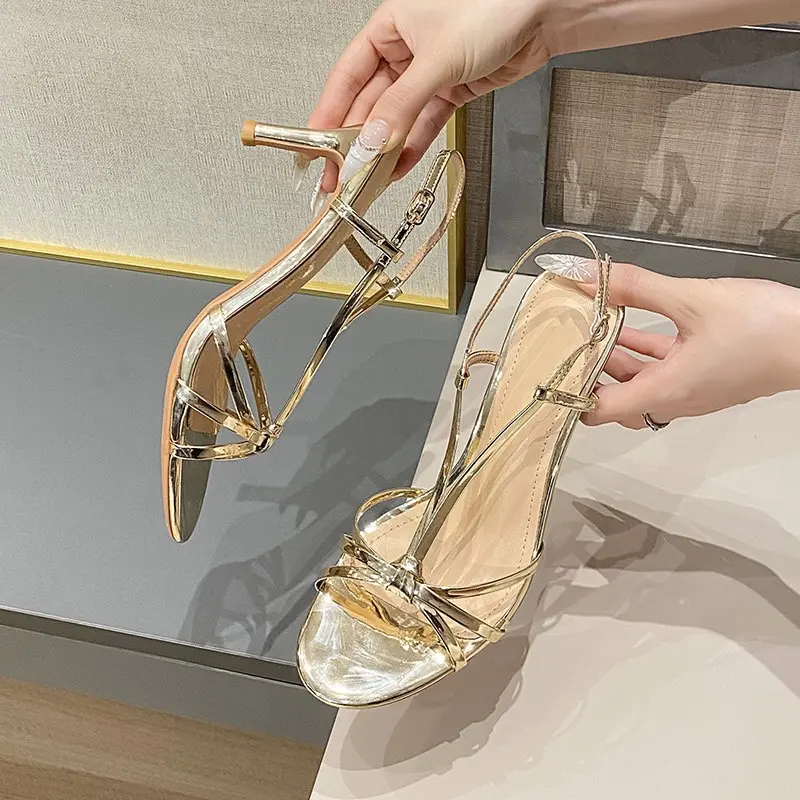 Giày sandanl cao gót MŨI TRÒN DÂY ĐAN CHÉO chất da bóng gót cao 7cm 9cm